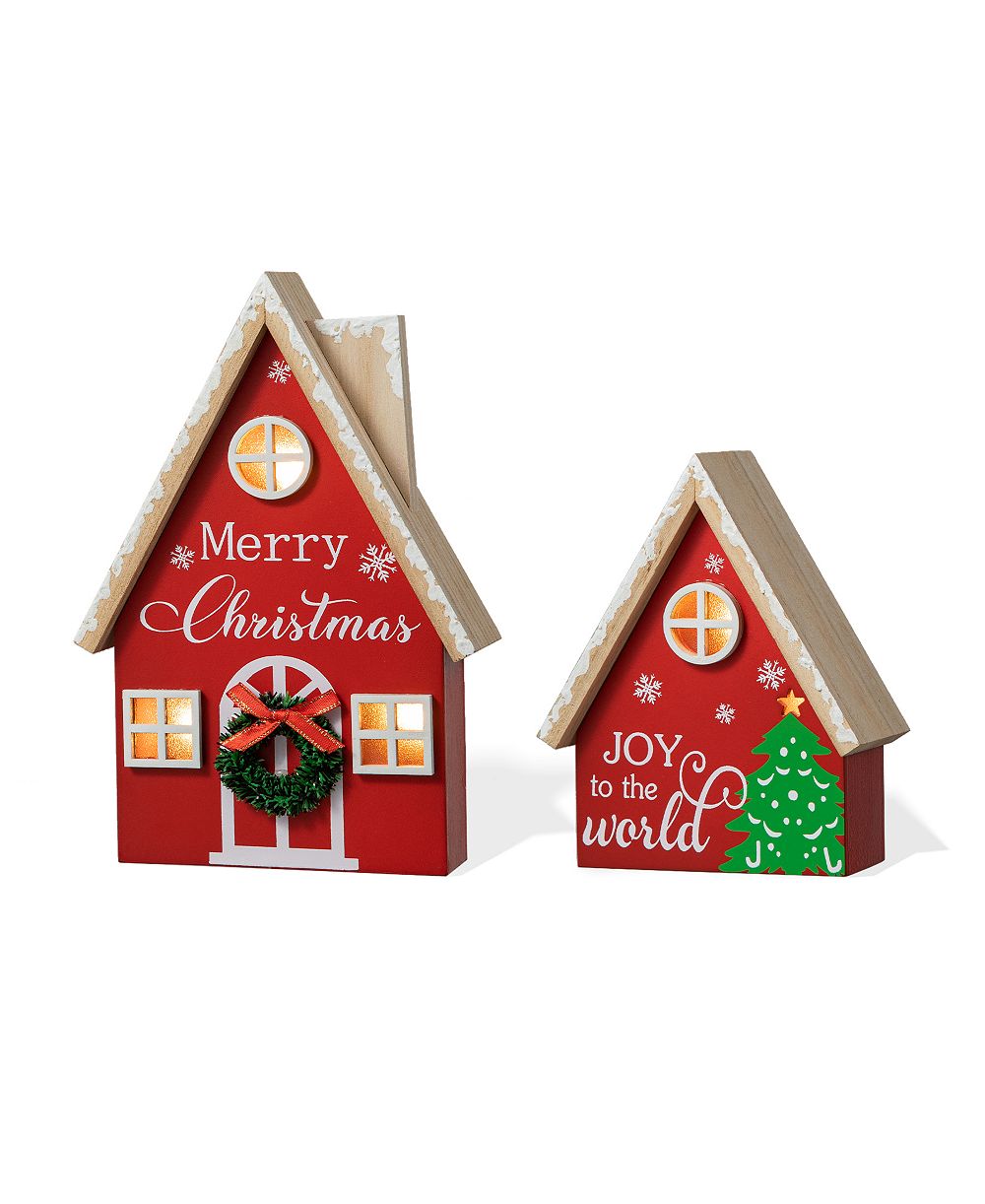 Glitzhome Christmas Lighted Wooden House Table Décor, Set of 2