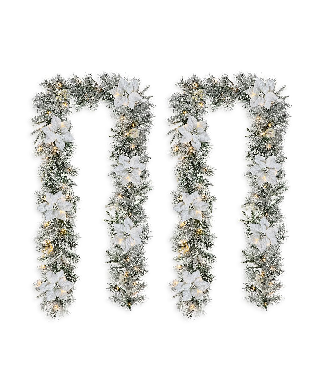 Glitzhome Set of 2 9ft Pre Lit Snow Flocked Greenery Pine Poinsettia Christmas Garland, with 50 Warm White Lights with Timer, Three Function