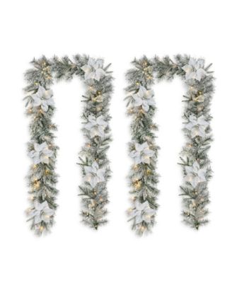 Glitzhome Set of 2 9ft Pre Lit Snow Flocked Greenery Pine Poinsettia Christmas Garland, with 50 Warm White Lights with Timer, Three Function