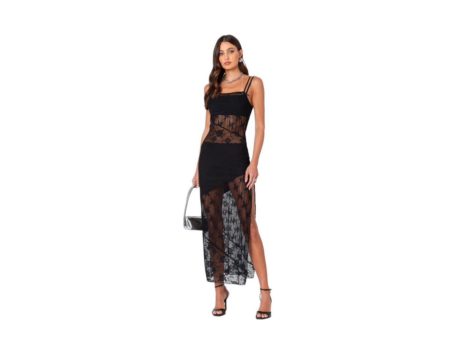 Edikted Women's Sheer Mesh and Lace Patchwork Maxi Dress