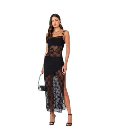 Edikted Women's Sheer Mesh and Lace Patchwork Maxi Dress