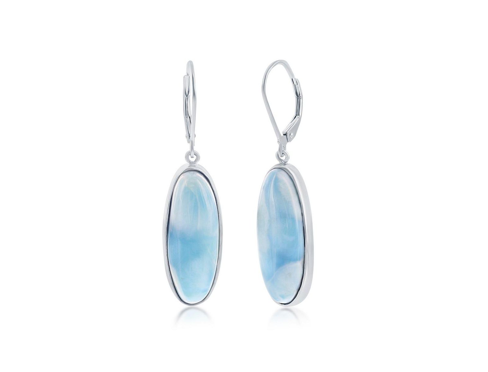 Caribbean Treasures Sterling Silver Bezel-Set Oval Larimar Dangling Leverback Earrings