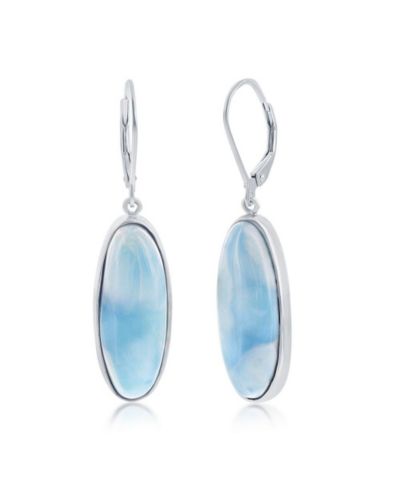 Caribbean Treasures Sterling Silver Bezel-Set Oval Larimar Dangling Leverback Earrings