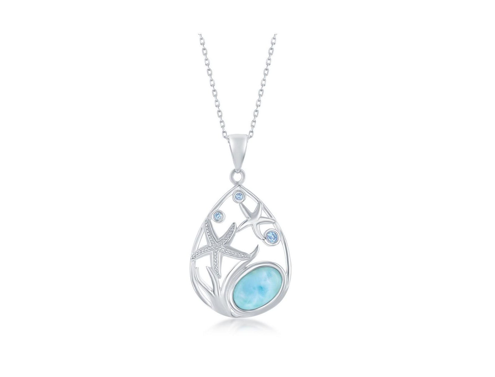 Caribbean Treasures Sterling Silver pear-Shaped Starfish Blue CZ and Larimar Pendant