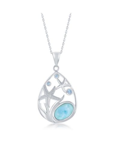 Caribbean Treasures Sterling Silver pear-Shaped Starfish Blue CZ and Larimar Pendant