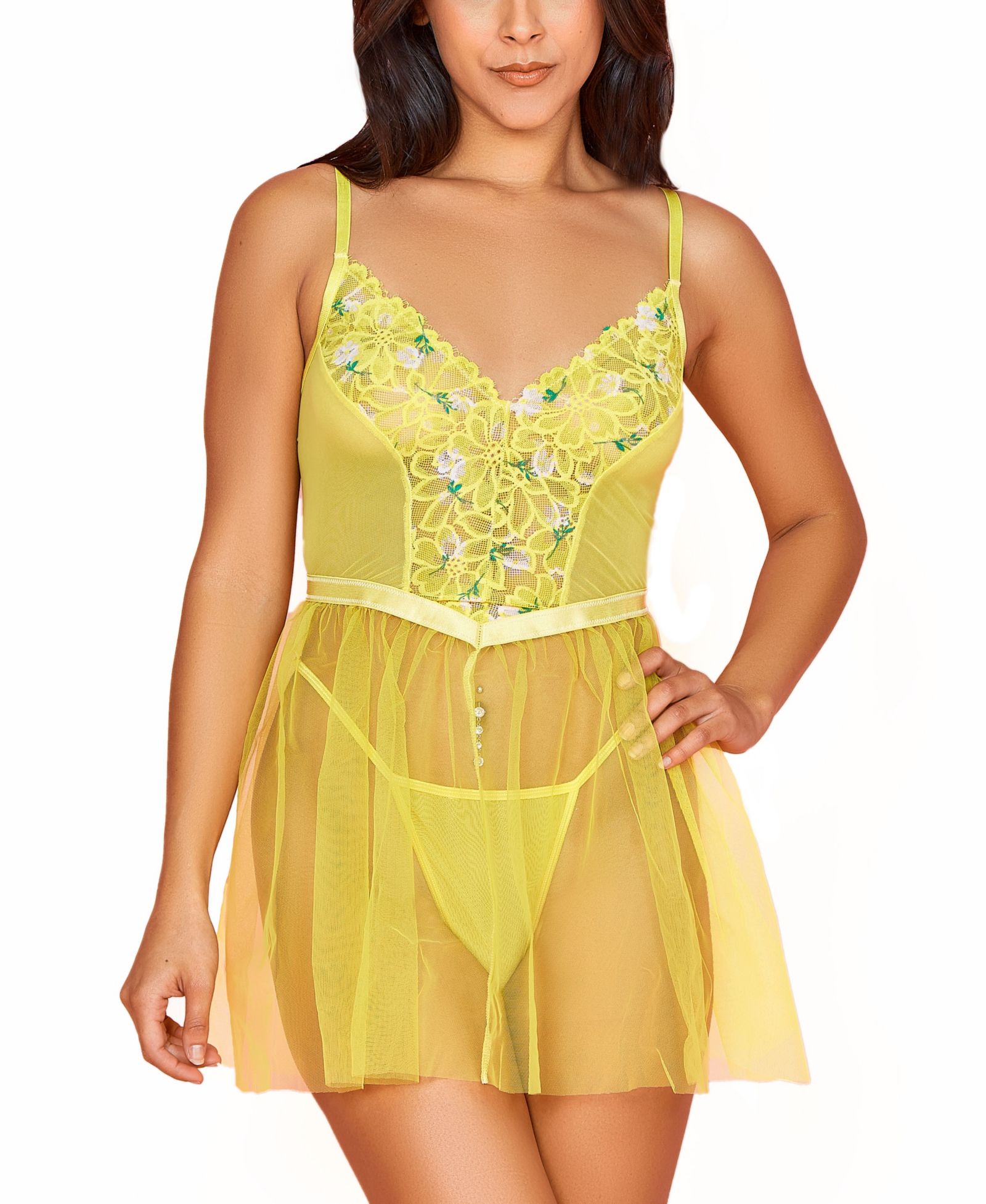 Hauty Women’s 2-Piece Organza Babydoll Lingerie Set with Floral Laced Bodice