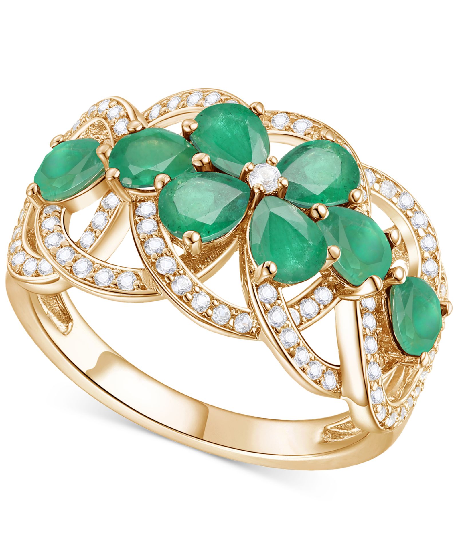 Emerald (2-1/4 ct. t.w.) & Diamond (1/4 ct. t.w.) Flower Openwork Ring in 14k Gold (Also in Ruby & Sapphire)