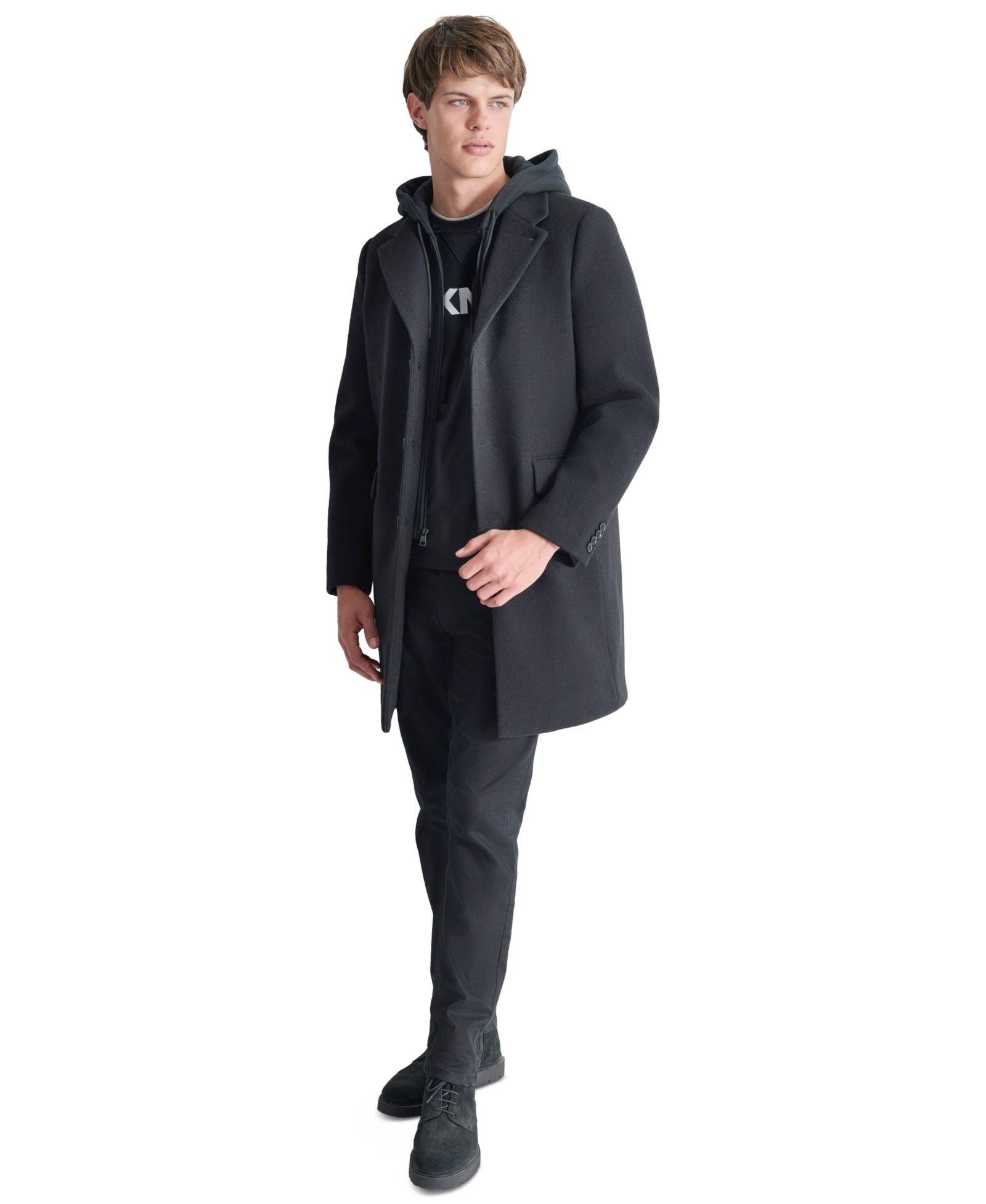 DKNY Men's Removable Hood Notch-Lapel Coat