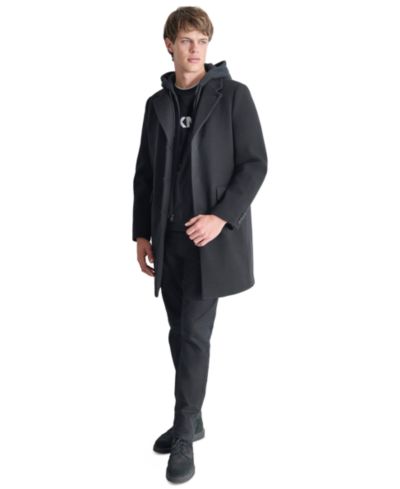 DKNY Men's Removable Hood Notch-Lapel Coat