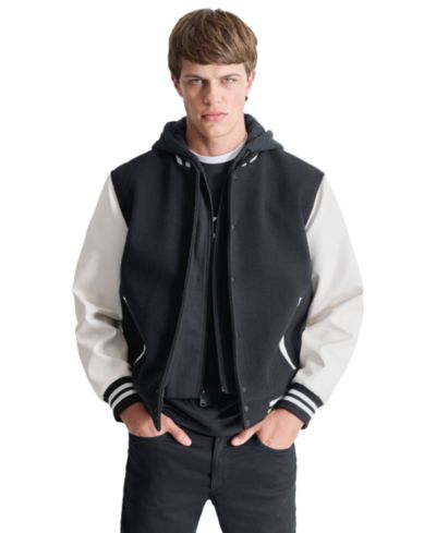 DKNY Men's Colorblocked Removable Hood Varsity Jacket
