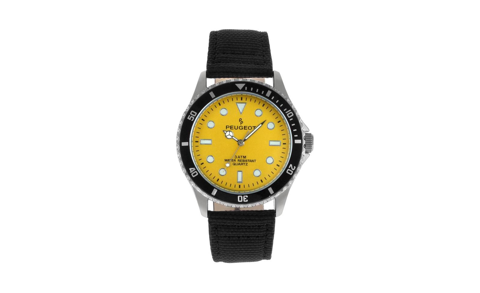Peugeot Men's Sport Bezel Watch with Yellow Dial and Black Canvas Strap