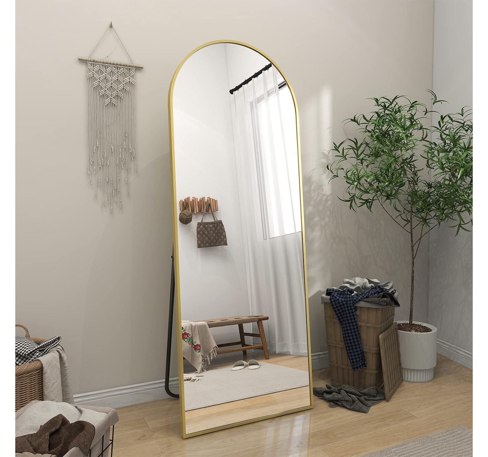 HOMLUX 64"x21" Modern Full Length Bathroom Mirror Arched Leaning Floor Mirror,Gold