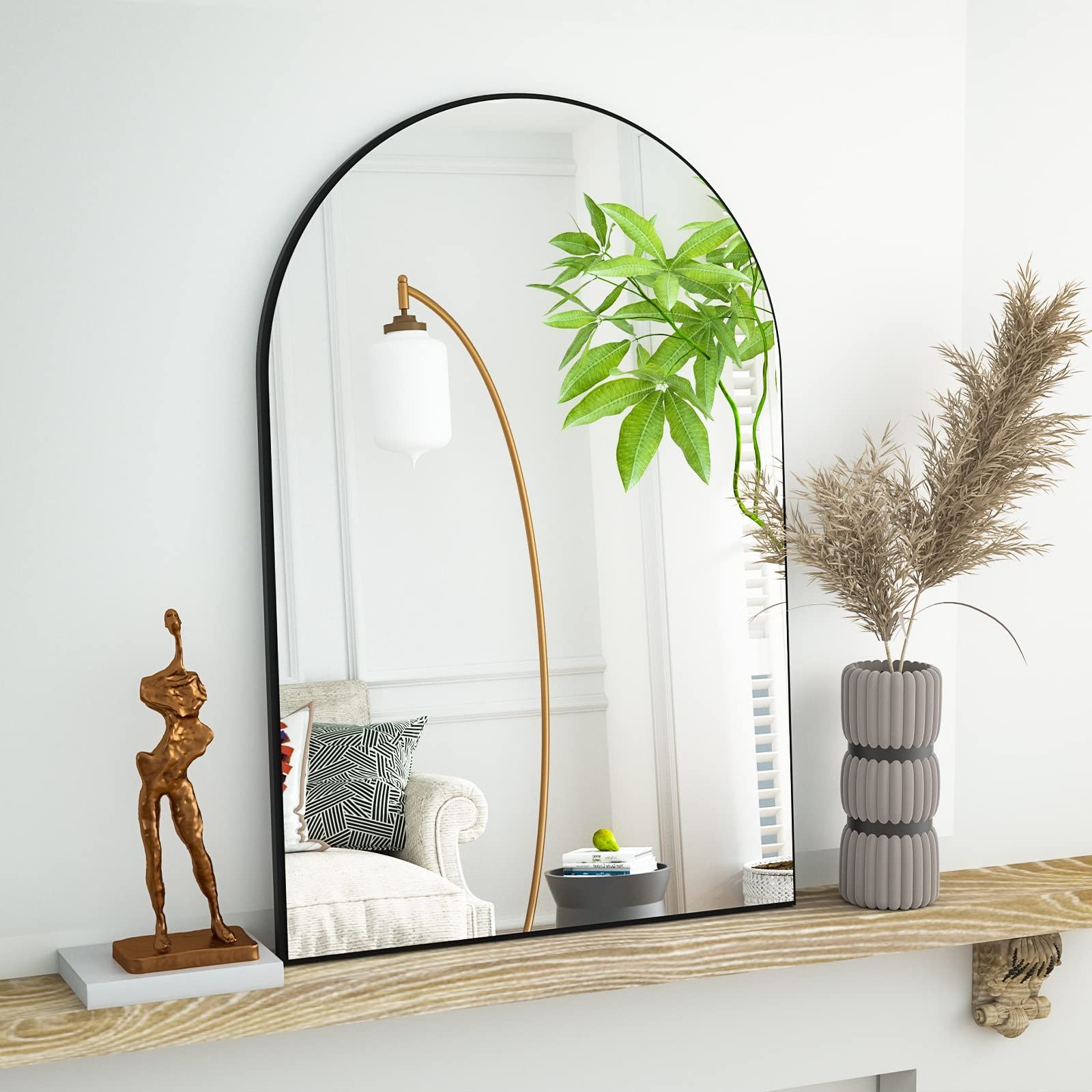 20" x 30" Arched Mantle Mirror, Black-HOMLUX: Metal Frame, Wall Mount, Modern Decor