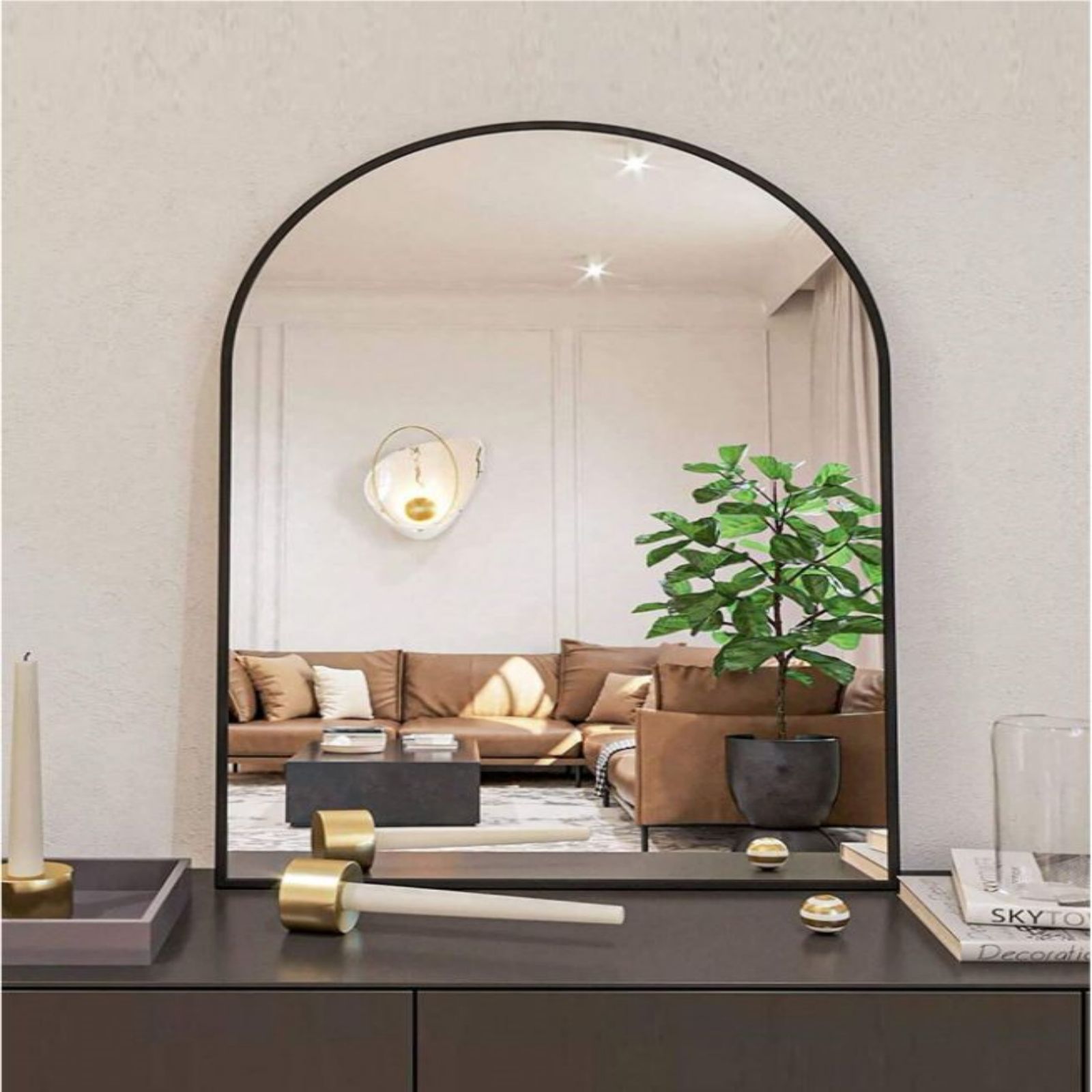 26" x 38" Arched Mantle Mirror, Black-HOMLUX: Metal Frame, Wall Mount, Modern Decor