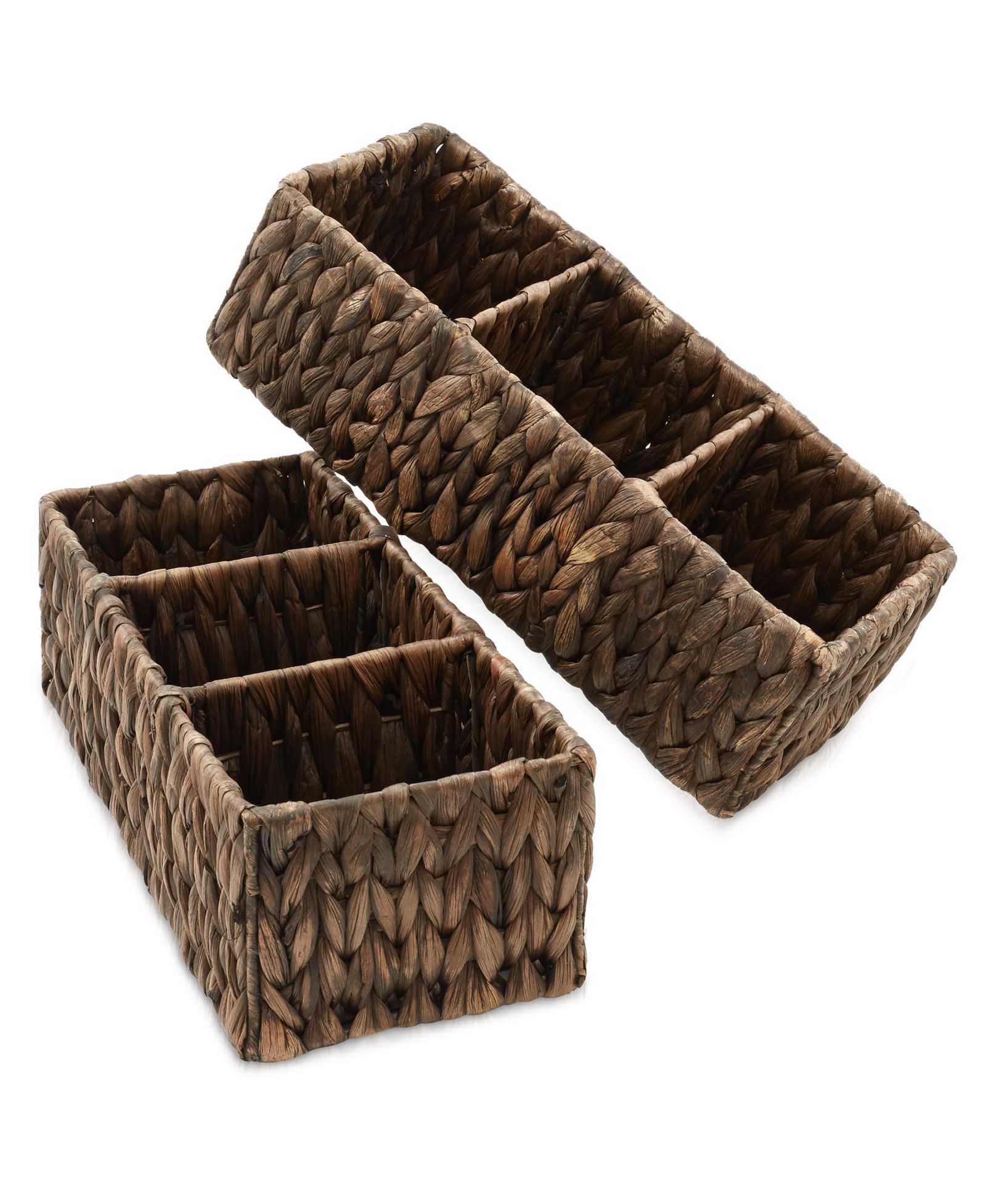 Casafield Set of 2 Water Hyacinth Storage Baskets with 3 Sections, Espresso - Woven Organizer Bins for Bathroom, Laundry, Pantry, Office, Shelves