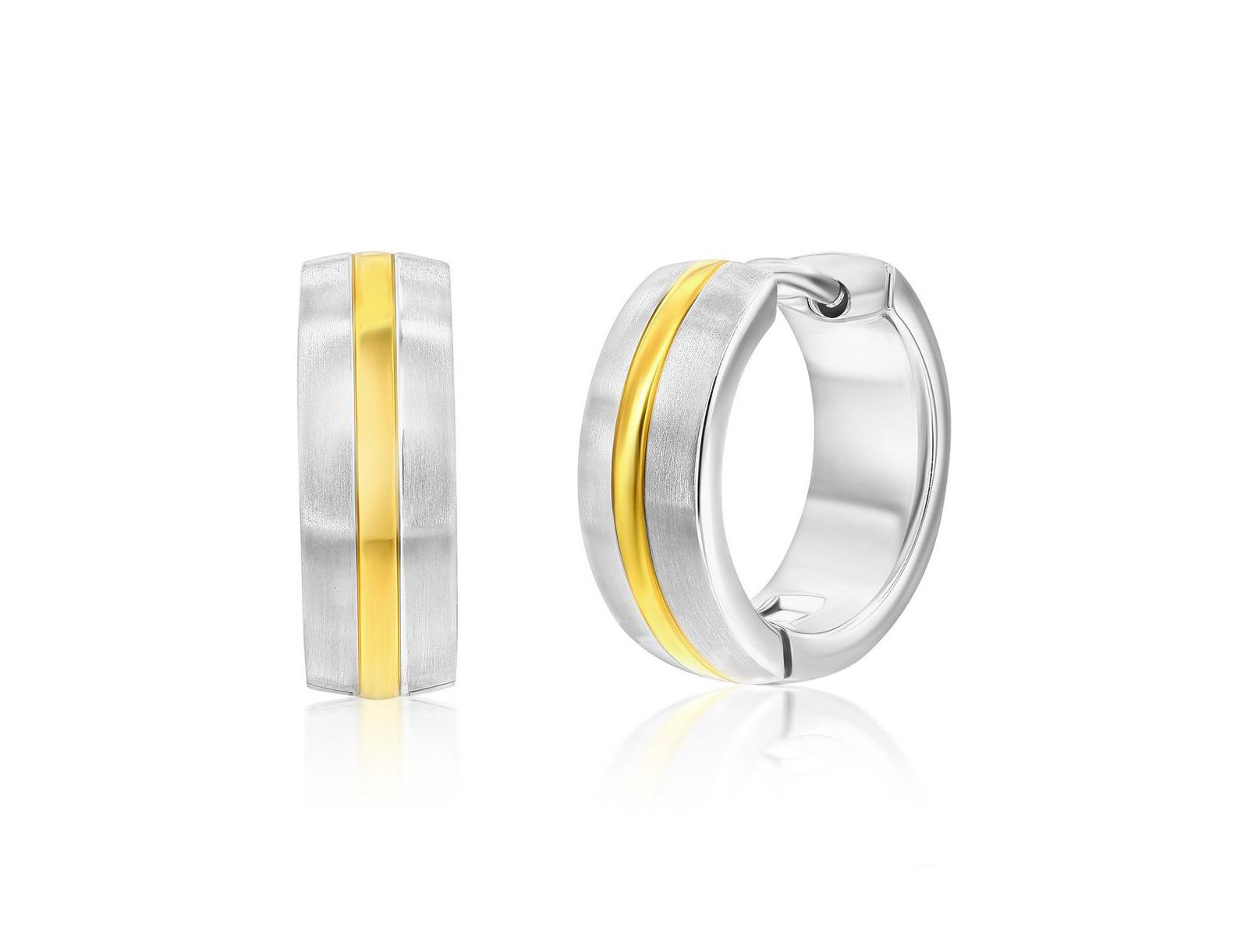 Metallo Stainless Steel 15mm Lined Matte & Polished Huggie Hoop Earrings