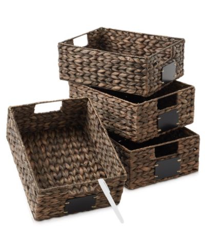 Casafield набор из 4 корзин из гиацинтов 10"x13"x5" с меловыми этикетками и маркером, Espresso, плетеные корзины для хранения на кухонные полки