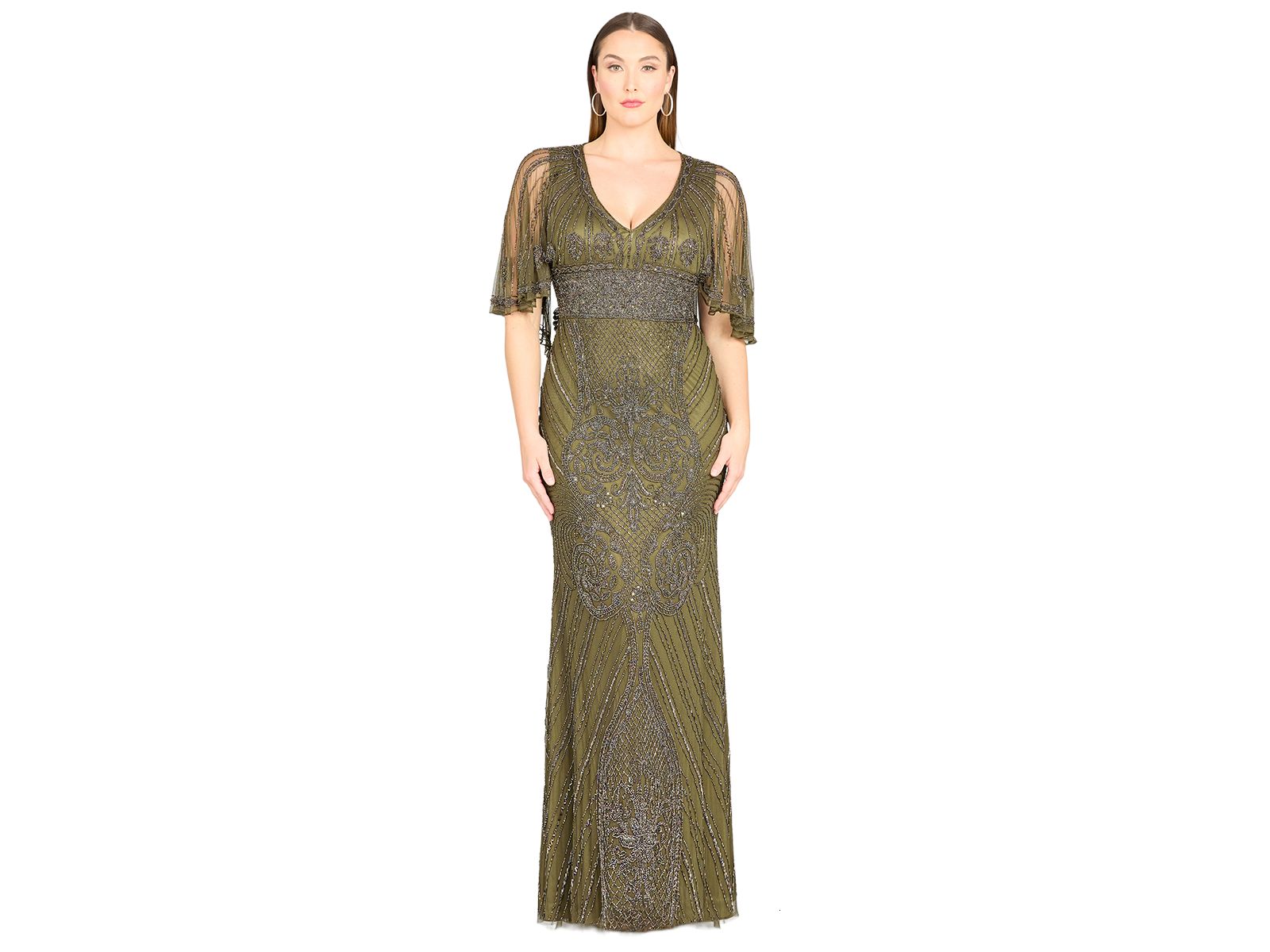 Lara Women's Cape Sleeve V-Neck Beaded Gown