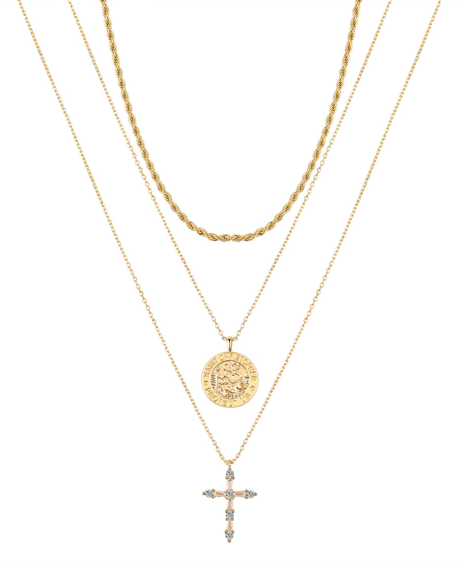 Unwritten Cubic Zirconia Saint Christopher Cross Layered Pendant Necklace Set
