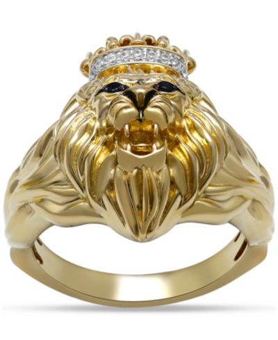 Men's White & Black Diamond Three-Dimensional Lion & Crown King Ring (1/10 ct. t.w.)