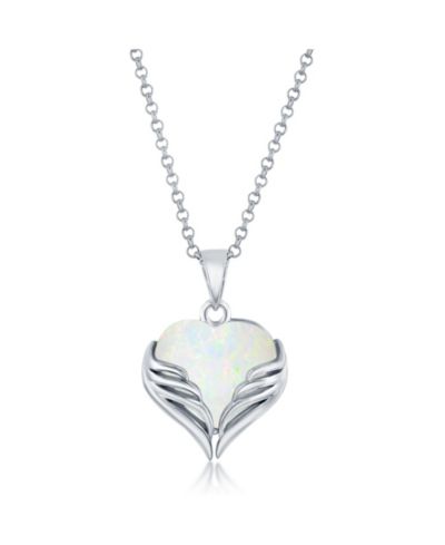 Caribbean Treasures Sterling Silver Synthetic Opal Heart Angel Wings Pendant
