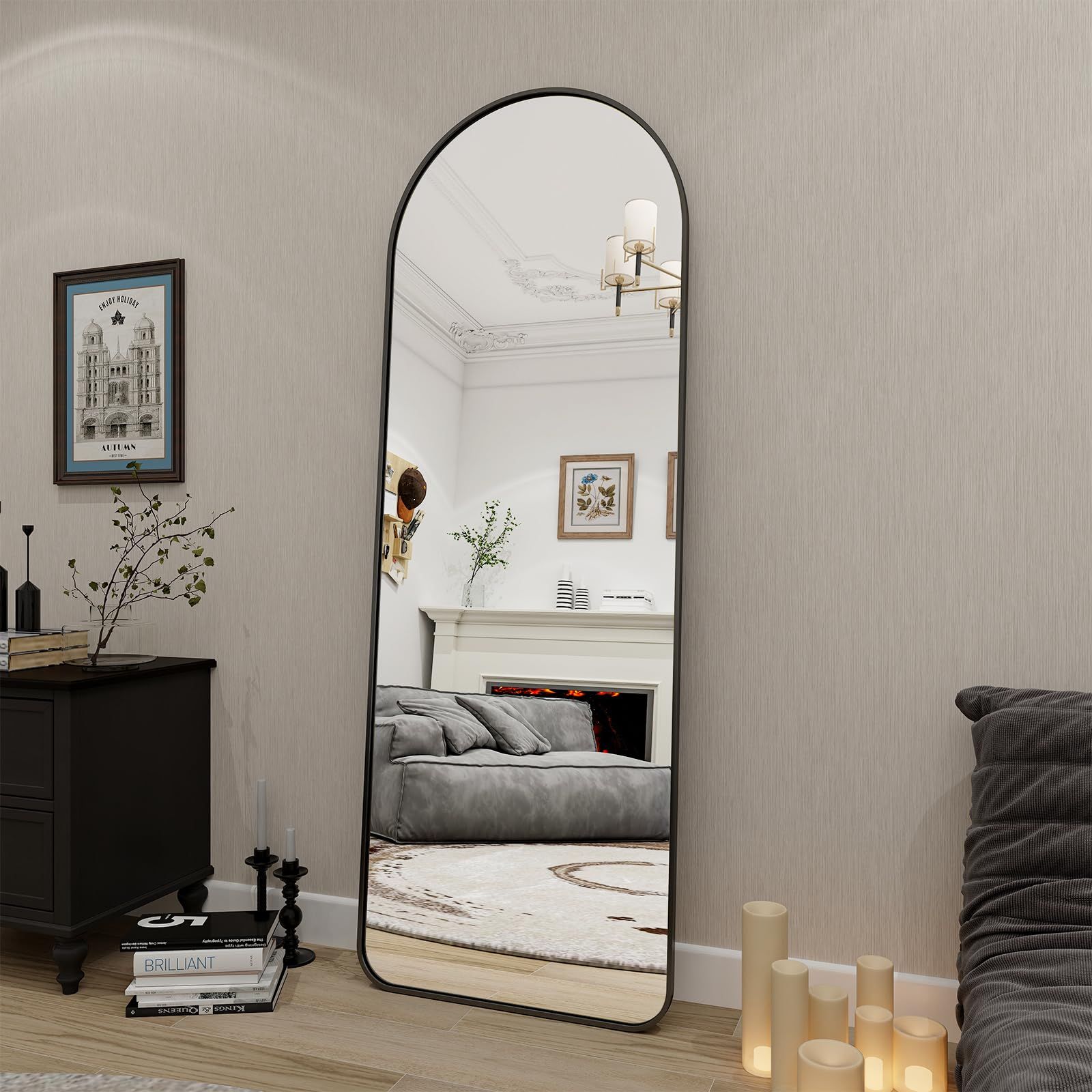 Homlux 64"x21" Arched Full-Length Mirror with Black Aluminum Alloy Frame, Rounded Corners, Standing, Hanging, Leaning