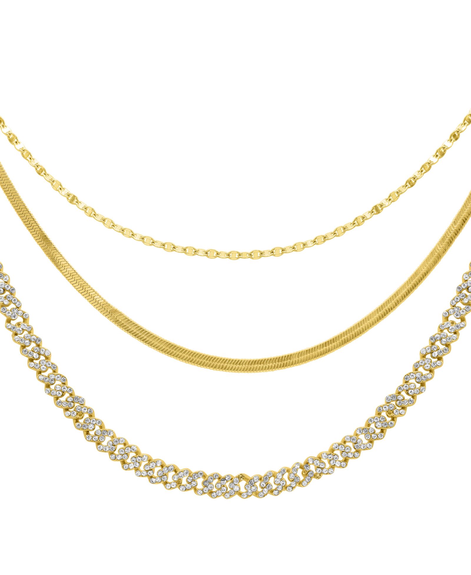 ADORNIA Gold Adjustable Valentina, Herringbone and 8mm Crystal Curb Chain Necklace Set