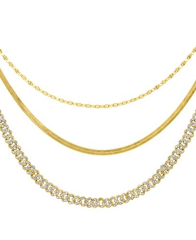 ADORNIA Gold Adjustable Valentina, Herringbone and 8mm Crystal Curb Chain Necklace Set