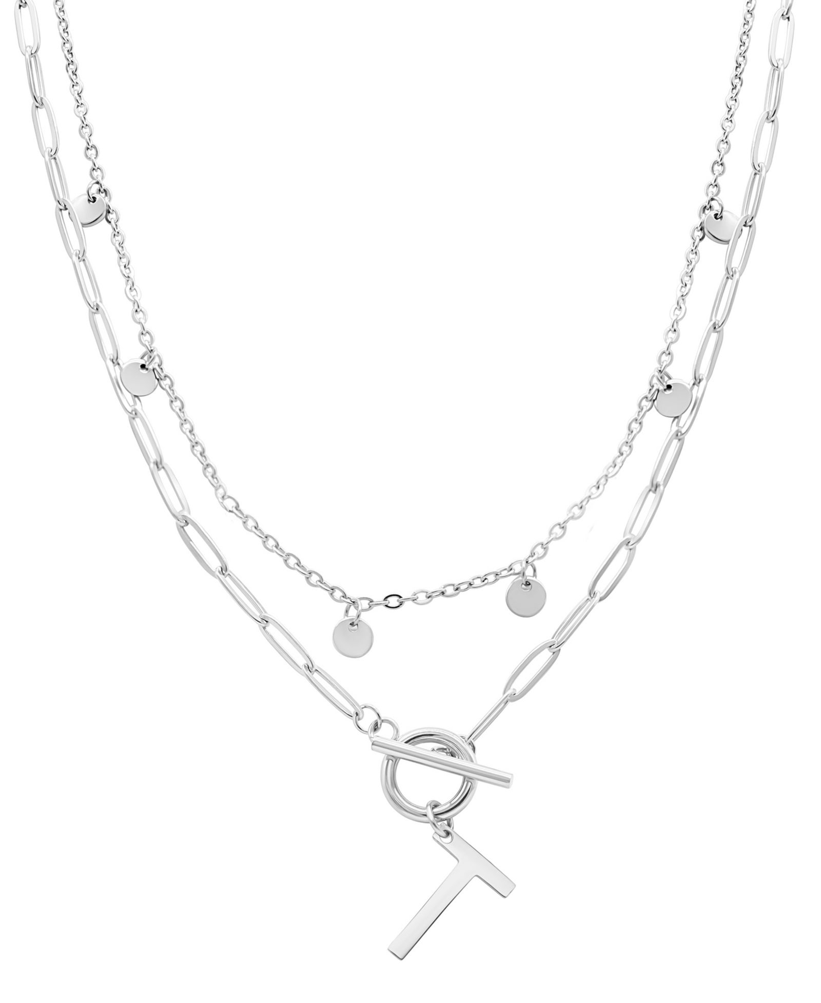 ADORNIA Silver Tarnish Resistant Confetti and Paperclip Layered Initial Toggle Necklace