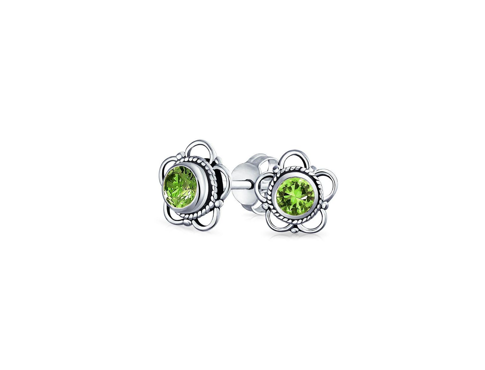 Bling Jewelry Flower Shape Green Peridot CZ Stud Earrings .925 Sterling Silver