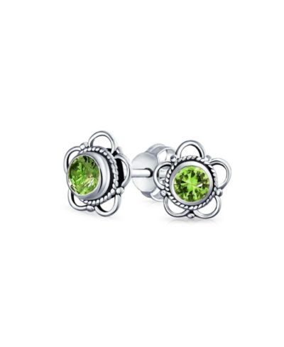 Bling Jewelry Flower Shape Green Peridot CZ Stud Earrings .925 Sterling Silver