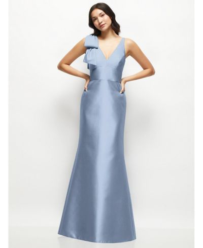 Alfred Sung Women's Deep V-back Satin Trumpet Dress with Cascading Bow at One Shoulder