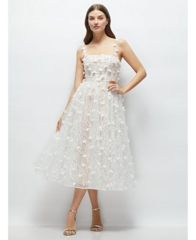 Dessy Collection Women's 3D Embroidered Little White Midi Dress with Nude Corset Underlay