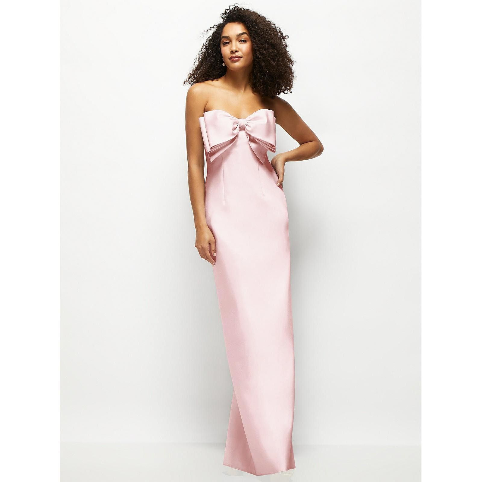 Alfred Sung Women's Strapless Satin Column Maxi Dress with Oversized Handcrafted Bow