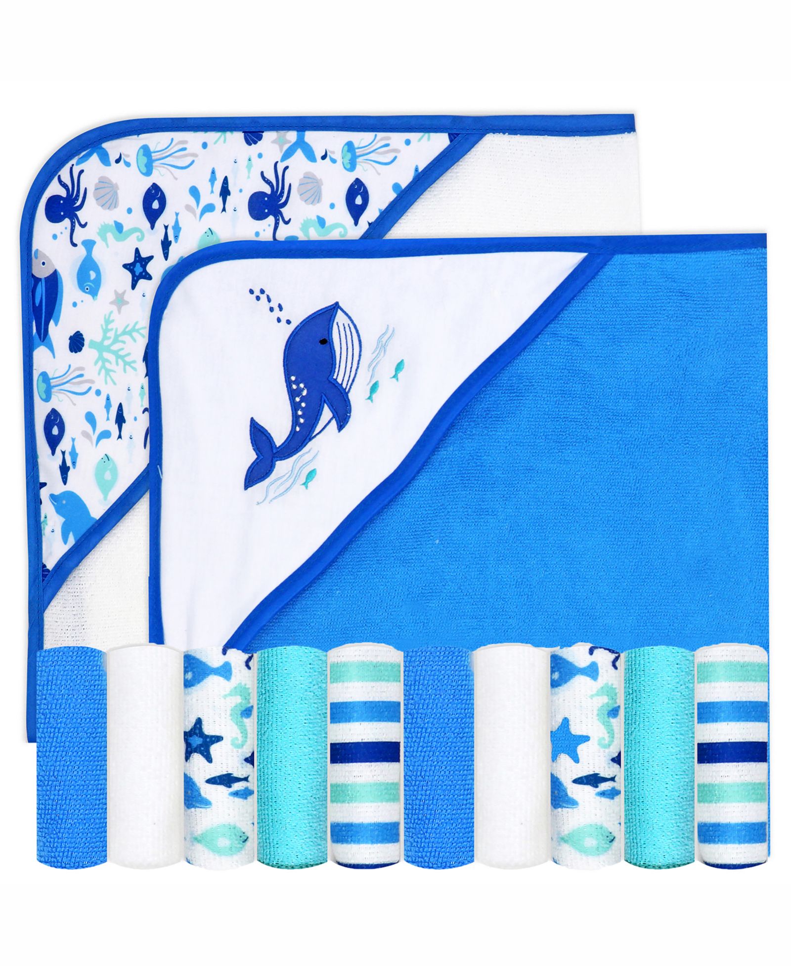 Buba Baby Boys and Girls 2 Pack Embroidered Hooded Bath Towel and Wash Cloth Set