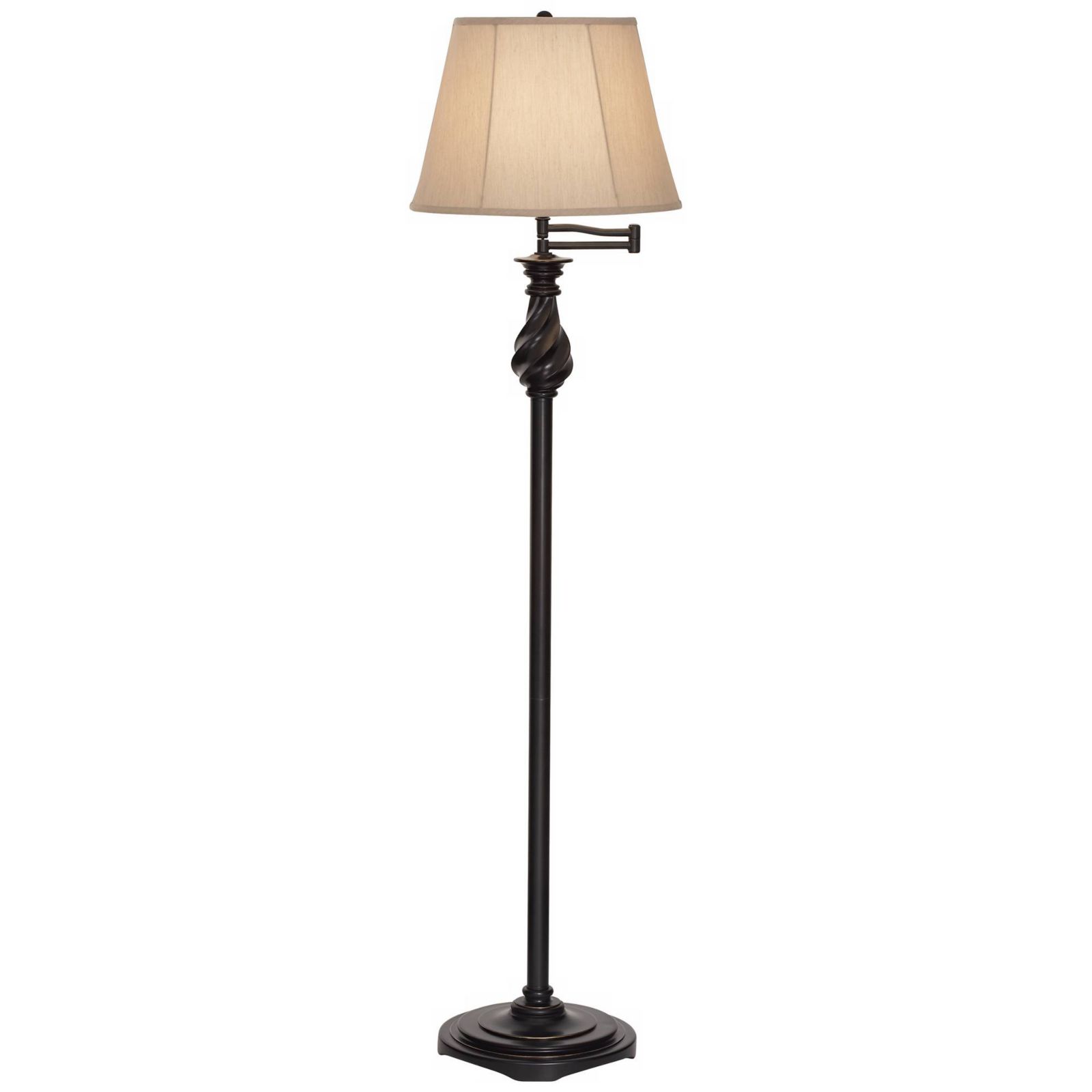 Regency Hill Traditional Swing Arm Floor Lamp 58" Tall Painted Black Bronze Swirl Font Faux Silk Beige Shade for Living Room Reading Office