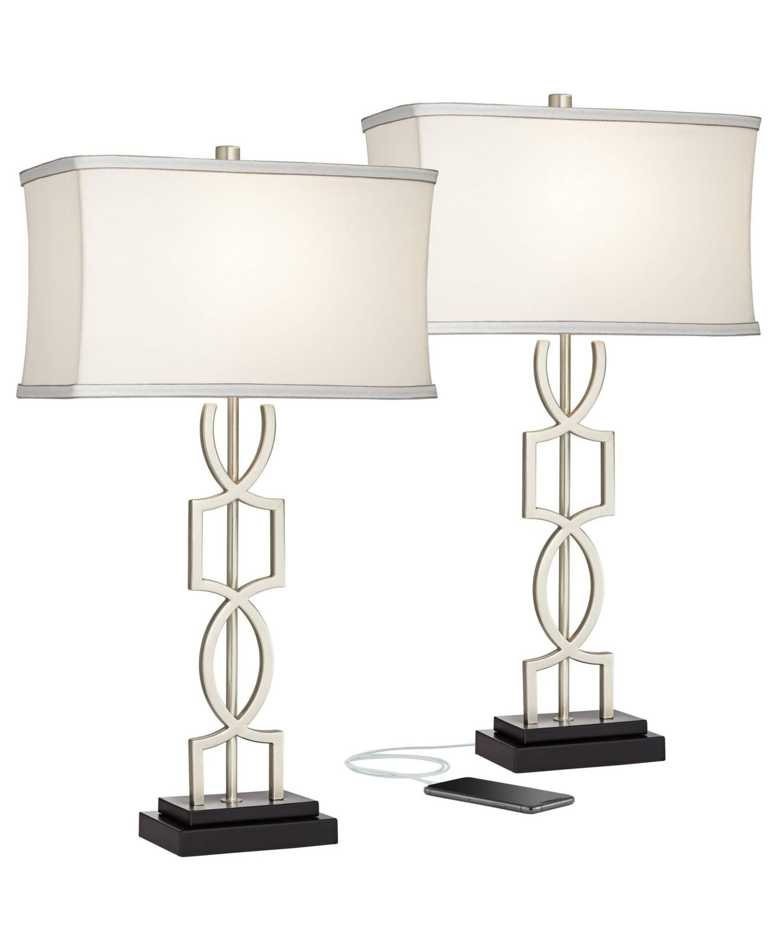 Набор из 2 настольных ламп 360 Lighting Evan Modern с USB-портом и прямоугольным абажуром, Brushed Nickel