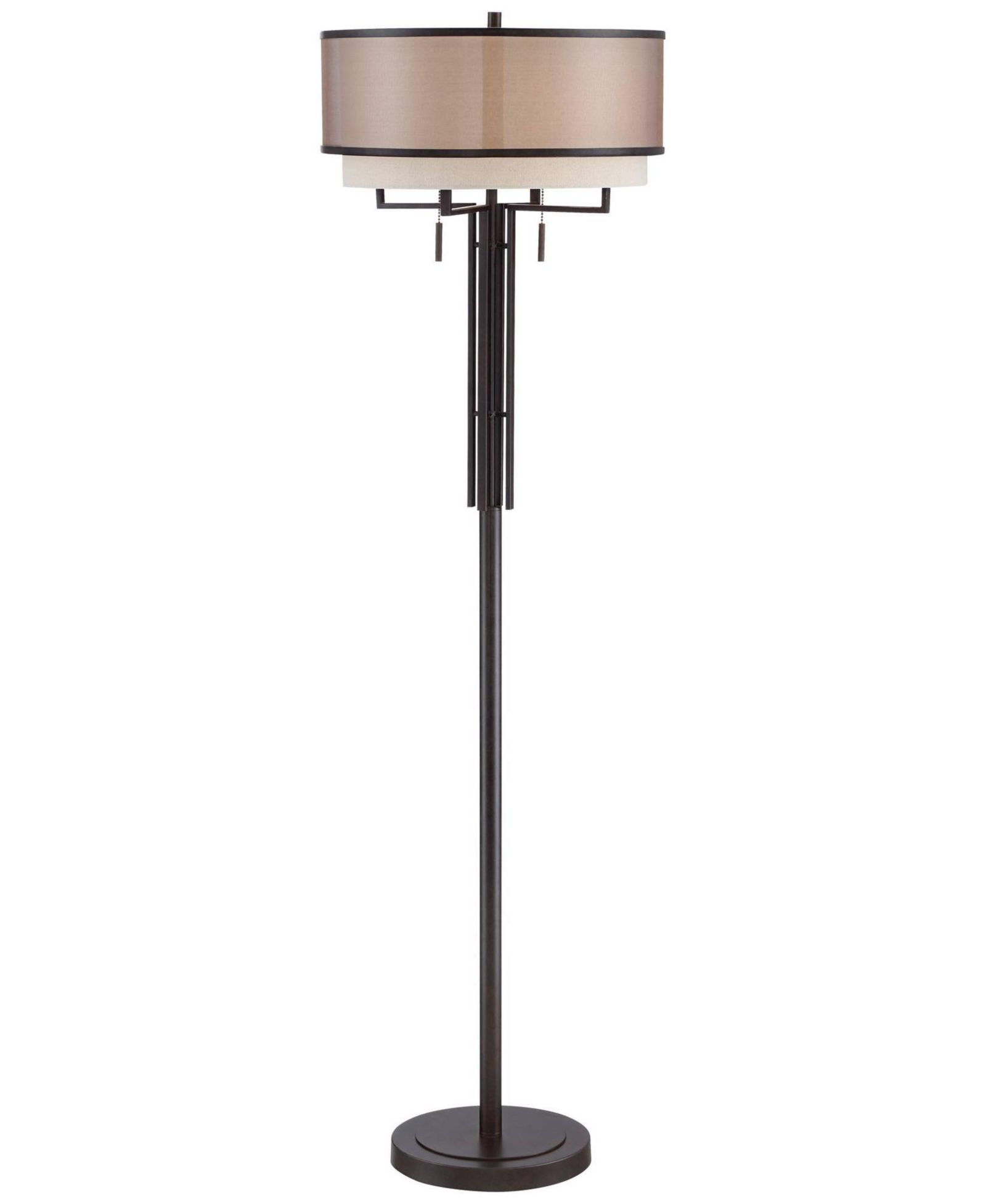 Franklin Iron Works Alamo Industrial Rustic Floor Lamp 62" Tall Bronze Metal Sheer Organza Outer Linen Fabric Inner Double Drum Shade for Living Room
