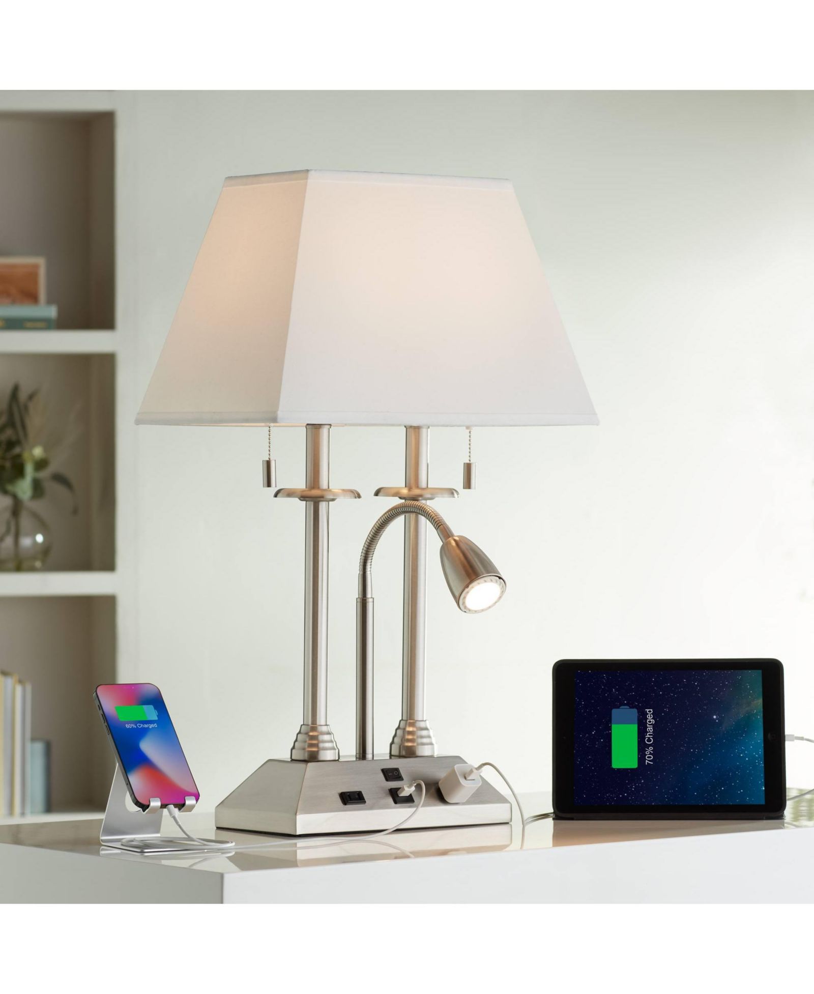 Современная настольная лампа Possini Euro Design Dexter 26" High Brushed Nickel с USB и розеткой в основании LED для дома и рабочего стола с белым абажуром