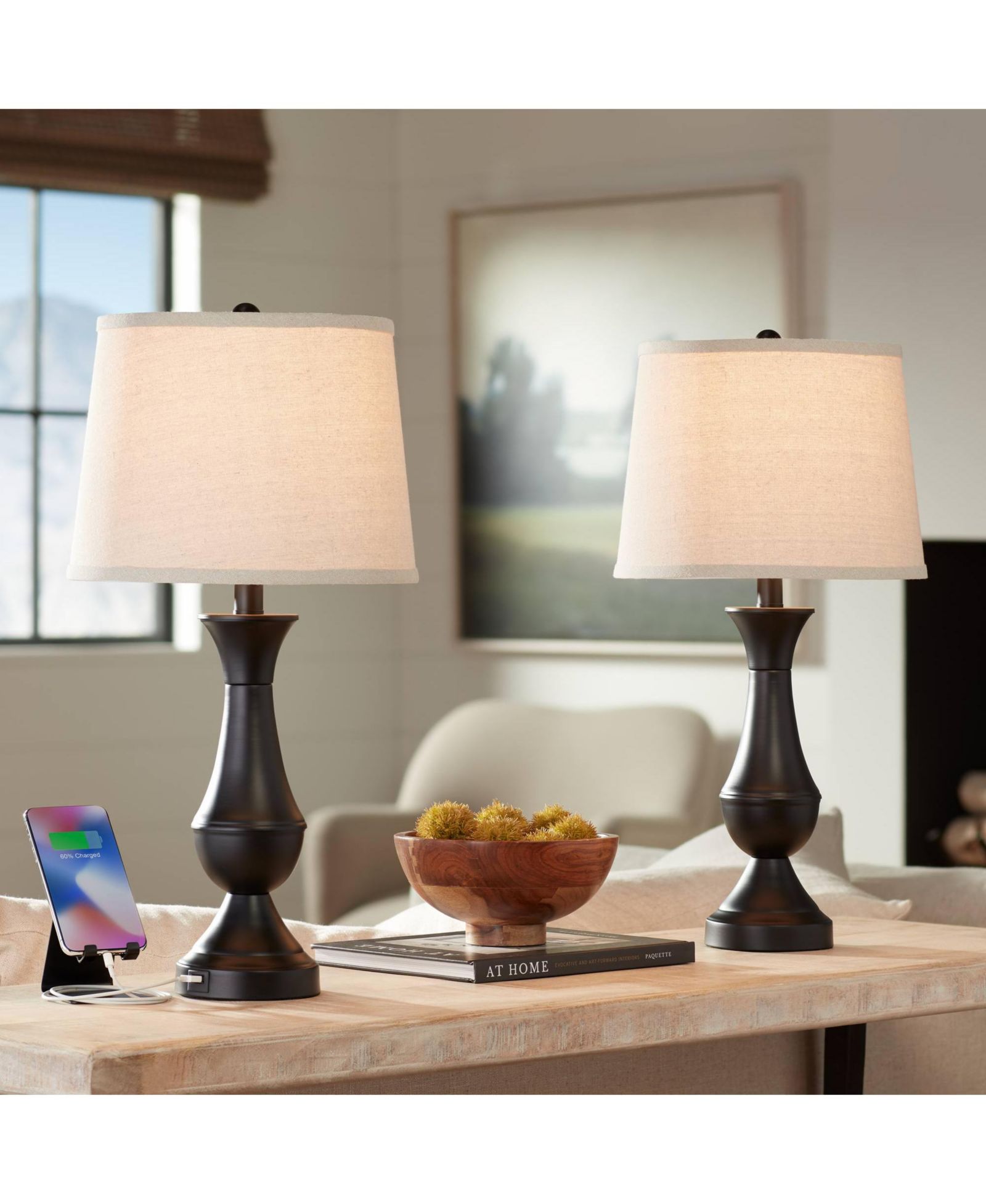 Regency Hill Traditional Table Lamps 25" High Set of 2 с USB Charging Port LED Bronze Oatmeal Shade Touch On Off для гостиной