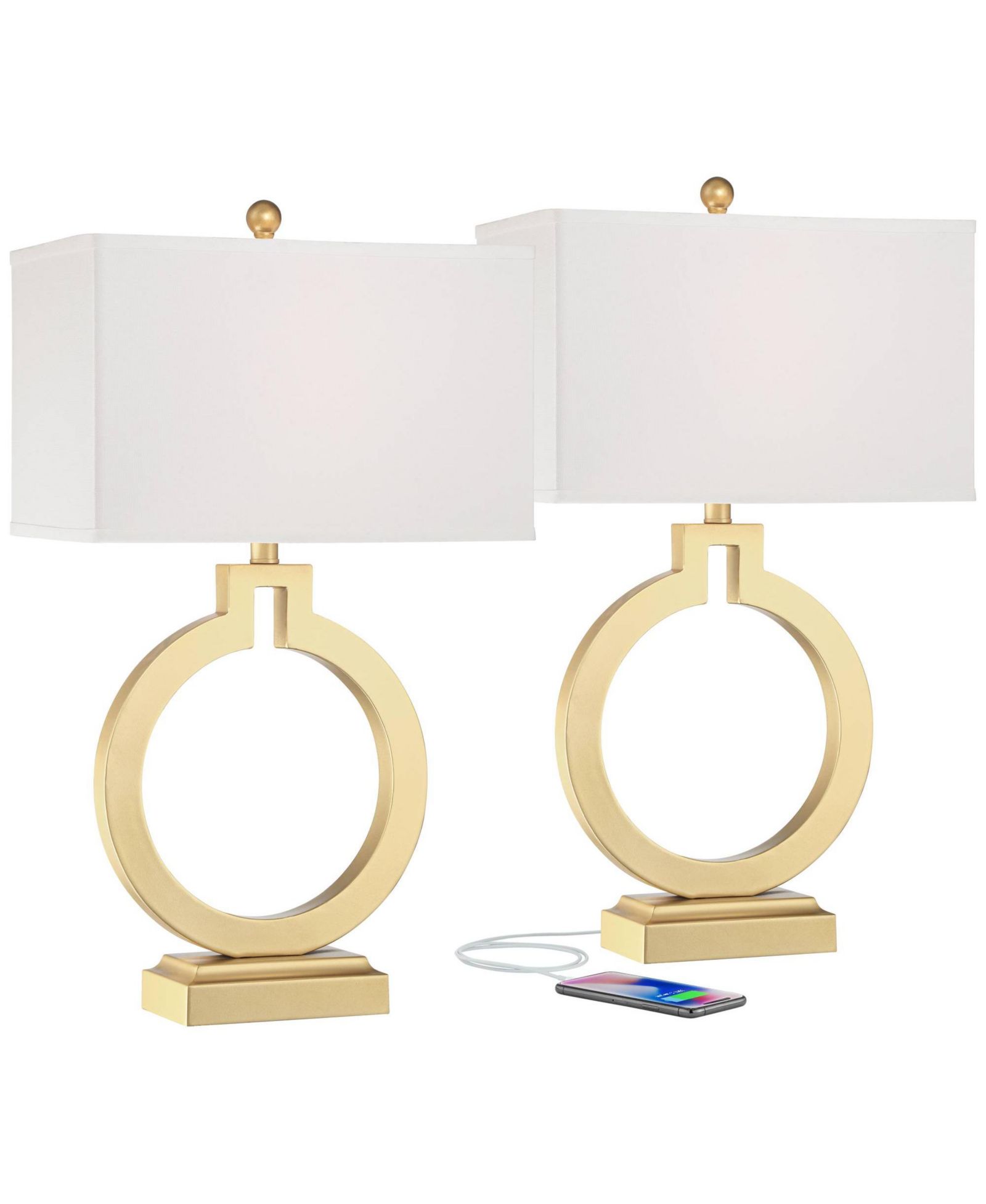 360 Lighting современный настольный светильник 28 1/2" комплект из 2 шт с USB портом, матовый золотой, белое абажур