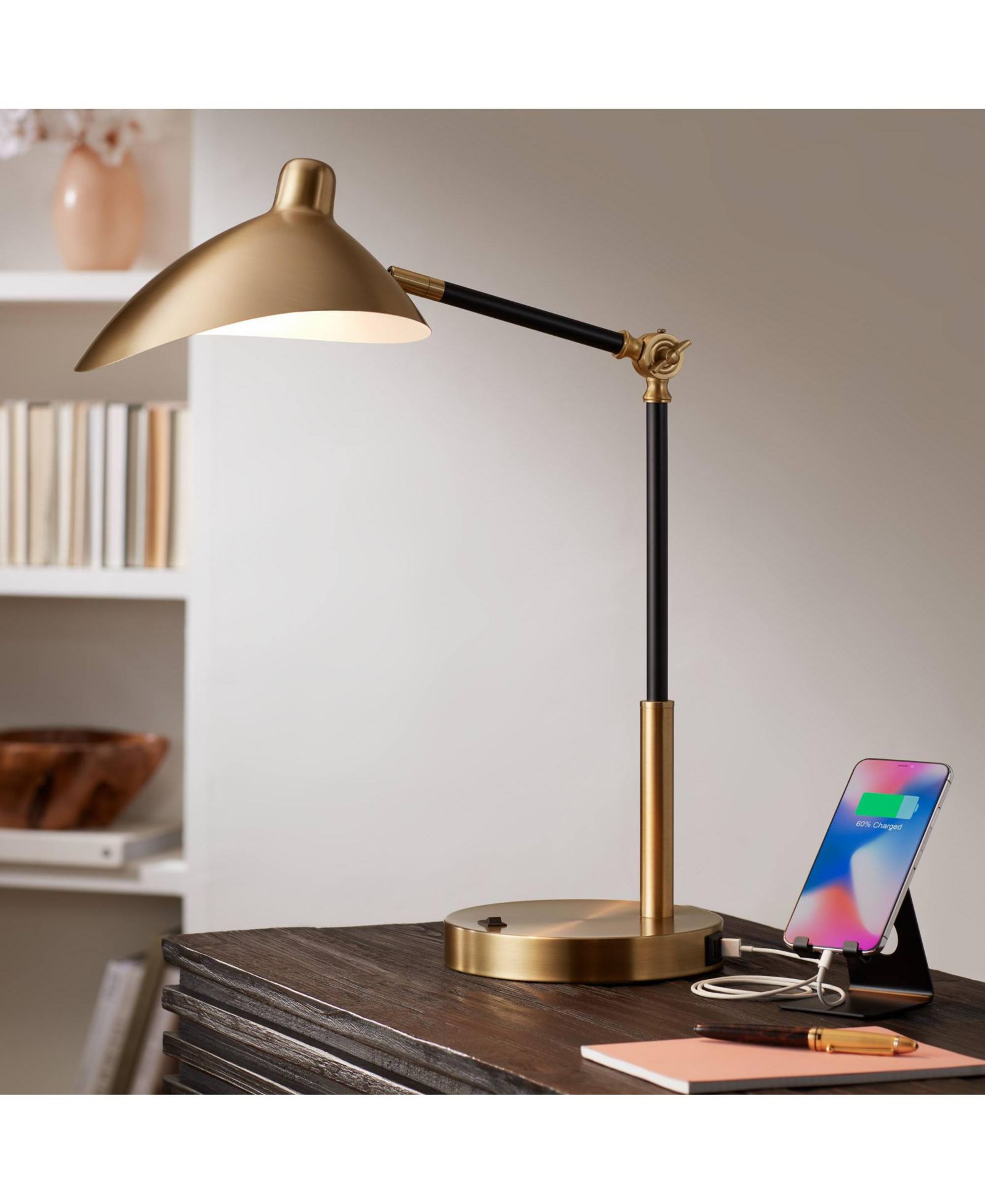 360 Lighting Colborne Modern Mid Century Desk Table Lamp 28" Tall Antique Brass Black with USB Charging Port LED for Bedroom Living Room Bedside Kids