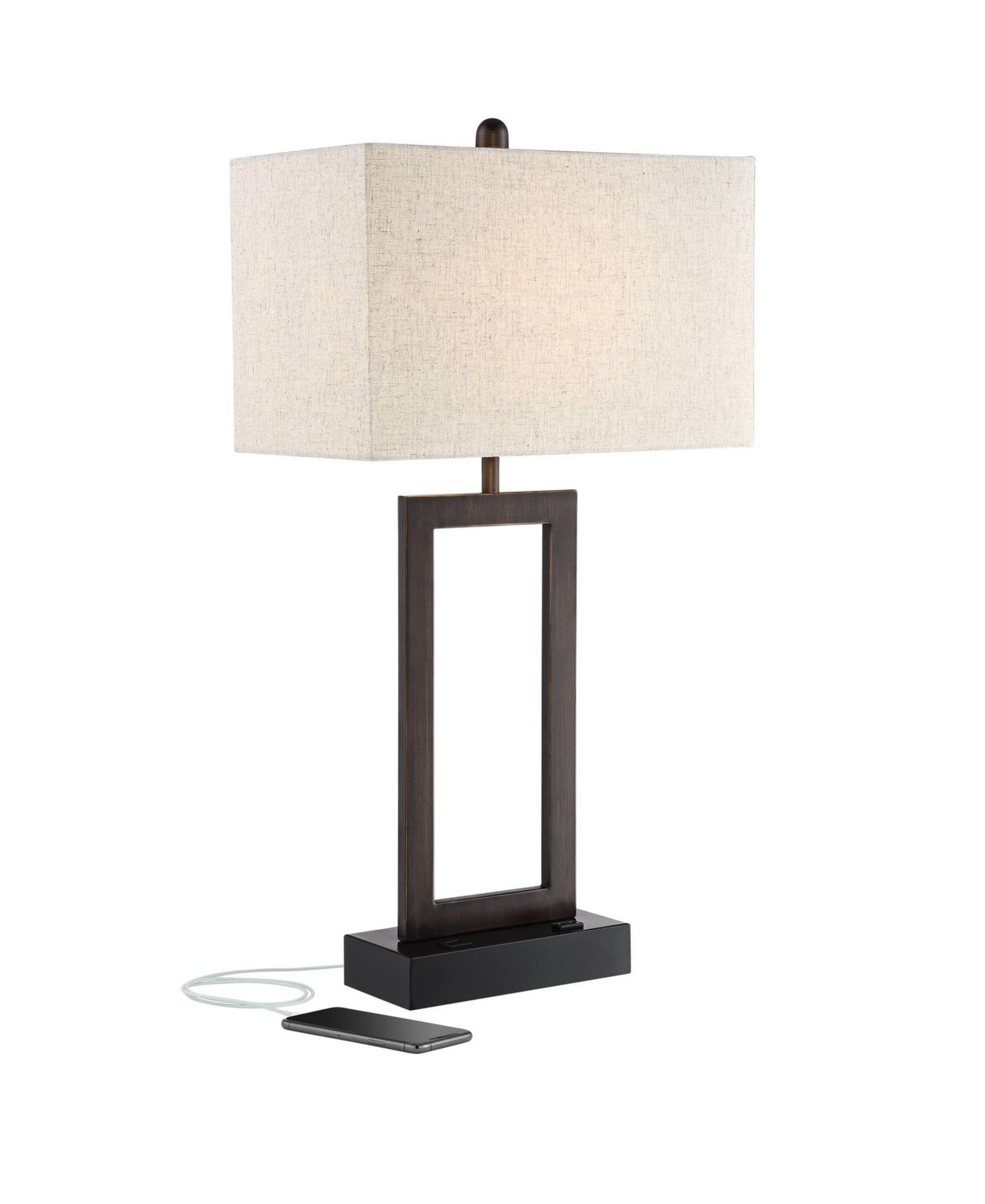 360 Lighting Todd Modern Table Lamp 30" Tall Bronze Rectangular with USB and AC Power Outlet in Base Oatmeal Fabric Shade for Living Room Office House