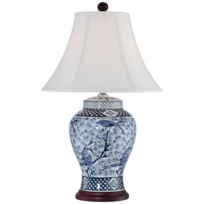 Regency Hill Traditional Jar Table Lamp with USB Charging Port 27" Tall Blue White Porcelain Bell Shade Living Room Bedroom House
