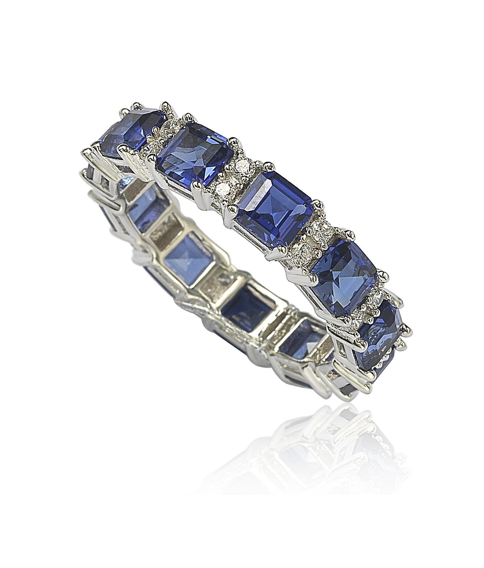 Suzy Levian Sterling Silver Sapphire & Created White Sapphire Assacher Cut Eternity Band Ring