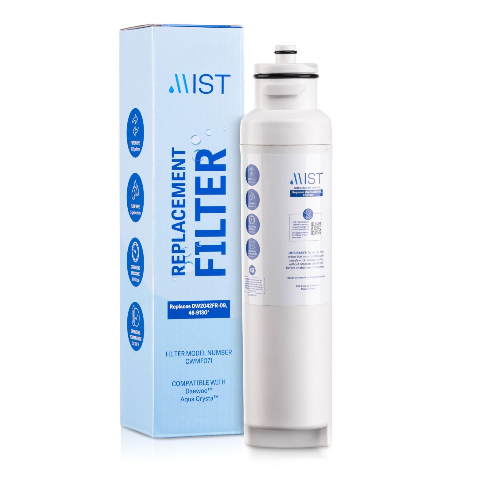 Mist NSF Certified Replacement Refrigerator Water Filter Compatible with Daewoo DW2042FR-09, Pack of 1