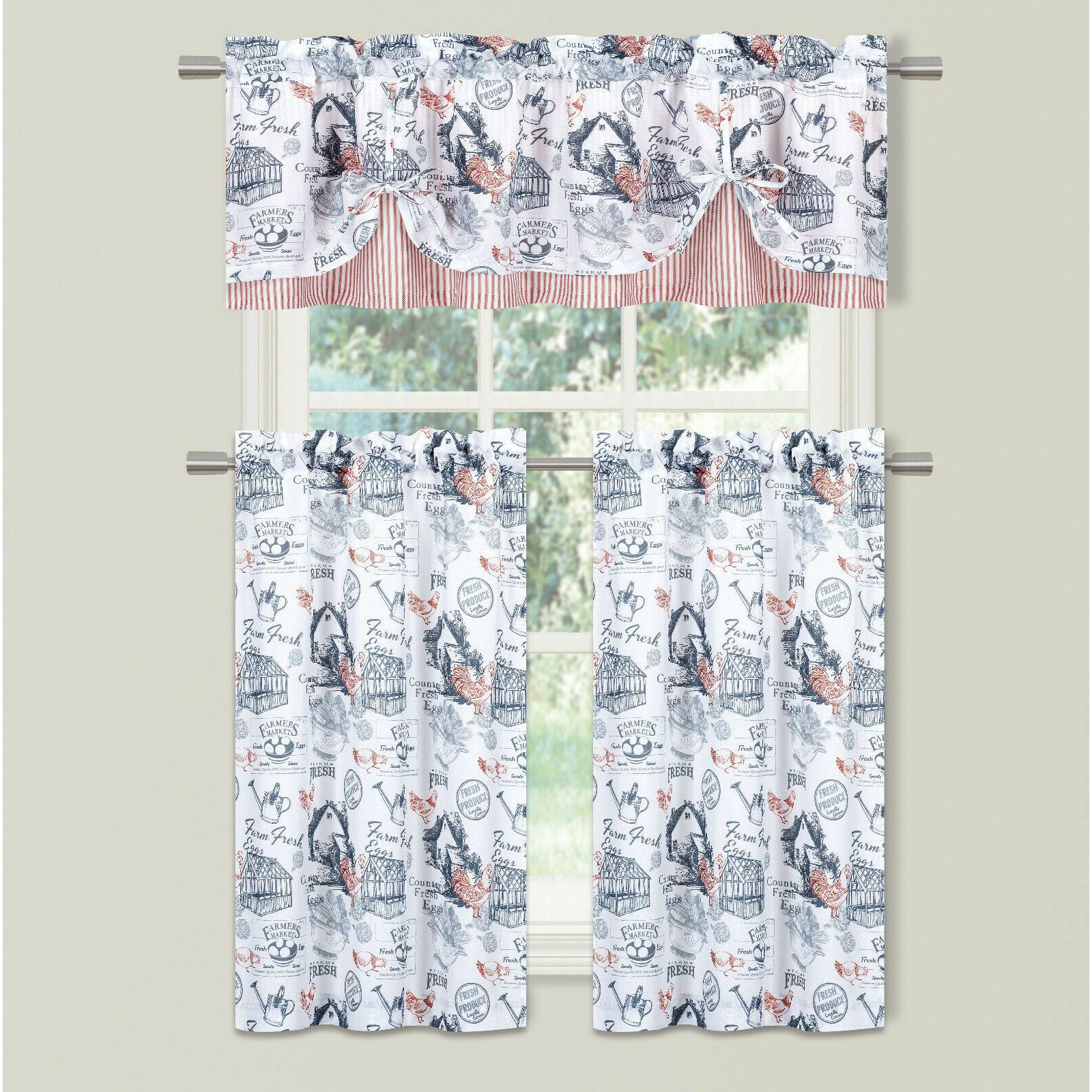 Kate Aurora Rooster Toile Complete 3 Pc Cafe  Kitchen Curtain Tier And Valance Set