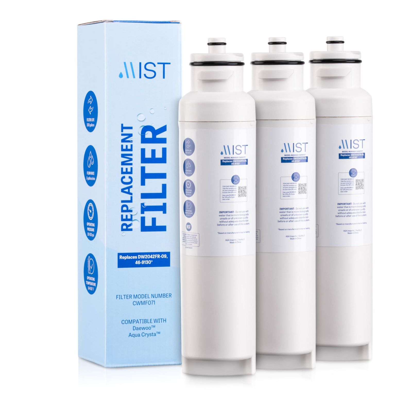 Mist DW2042FR-09 Water Filter (3-Pack) Compatible with Daewoo, Kenmore 46-9130, NSF Certified, replaces DW2042FR, DW2042F-09
