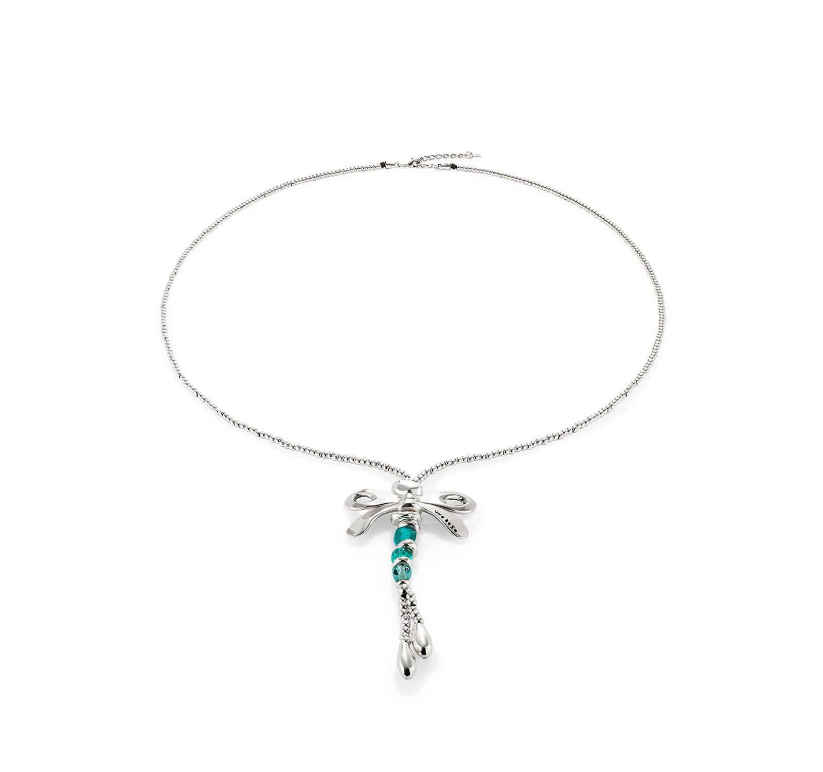 UNOde50 Long Sterling Silver Plated and Green Crystal Dragonfly Necklace
