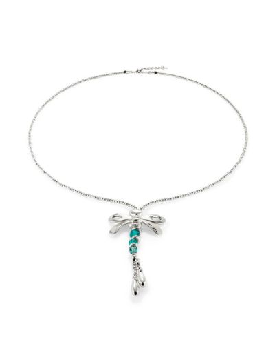 UNOde50 Long Sterling Silver Plated and Green Crystal Dragonfly Necklace